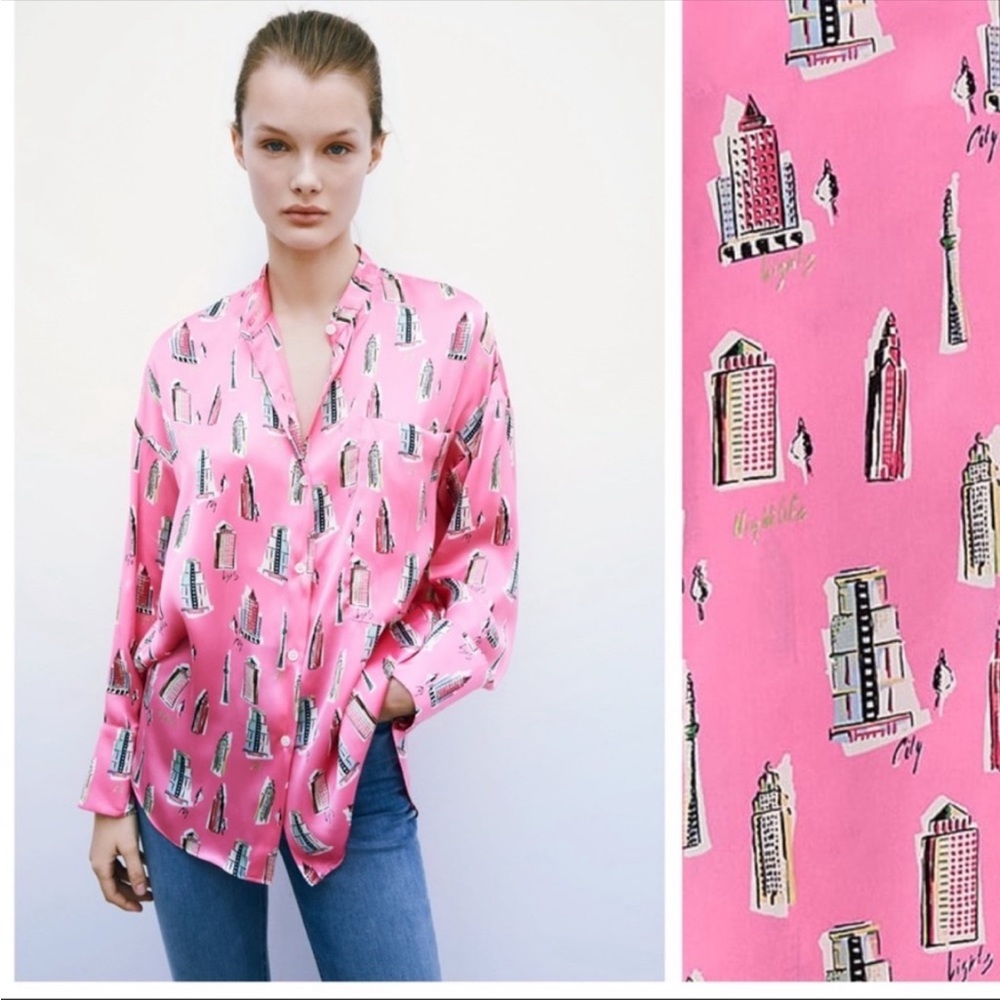 ZARA Pink/ Fuchsia Satin Flowy Printed Shirt Size M